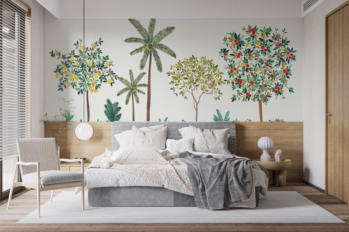 Illustrated orchard wallpaper with lemons and lush greenery.
