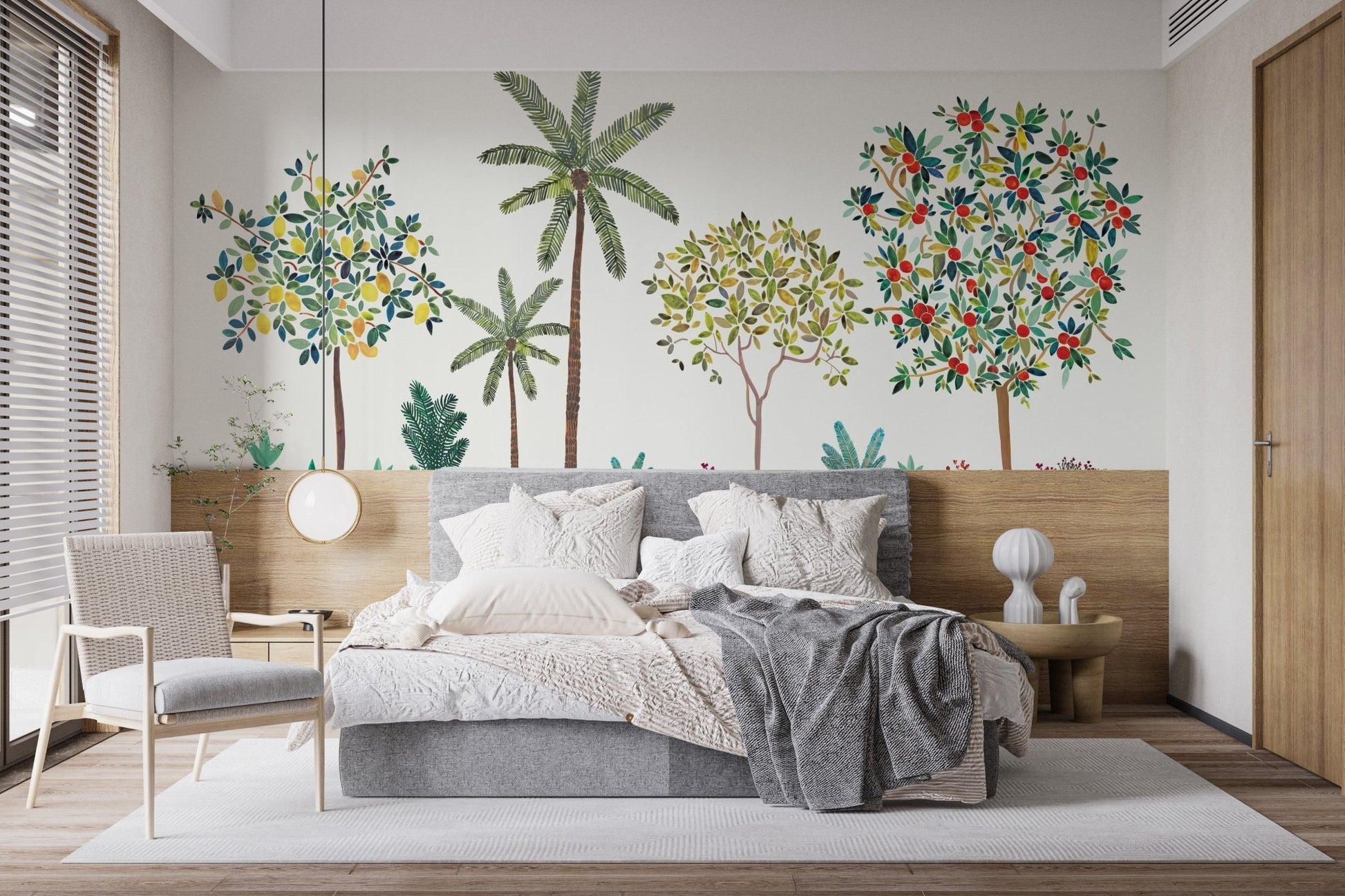 Illustrated orchard wallpaper with lemons and lush greenery.