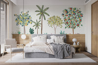 Illustrated orchard wallpaper with lemons and lush greenery.