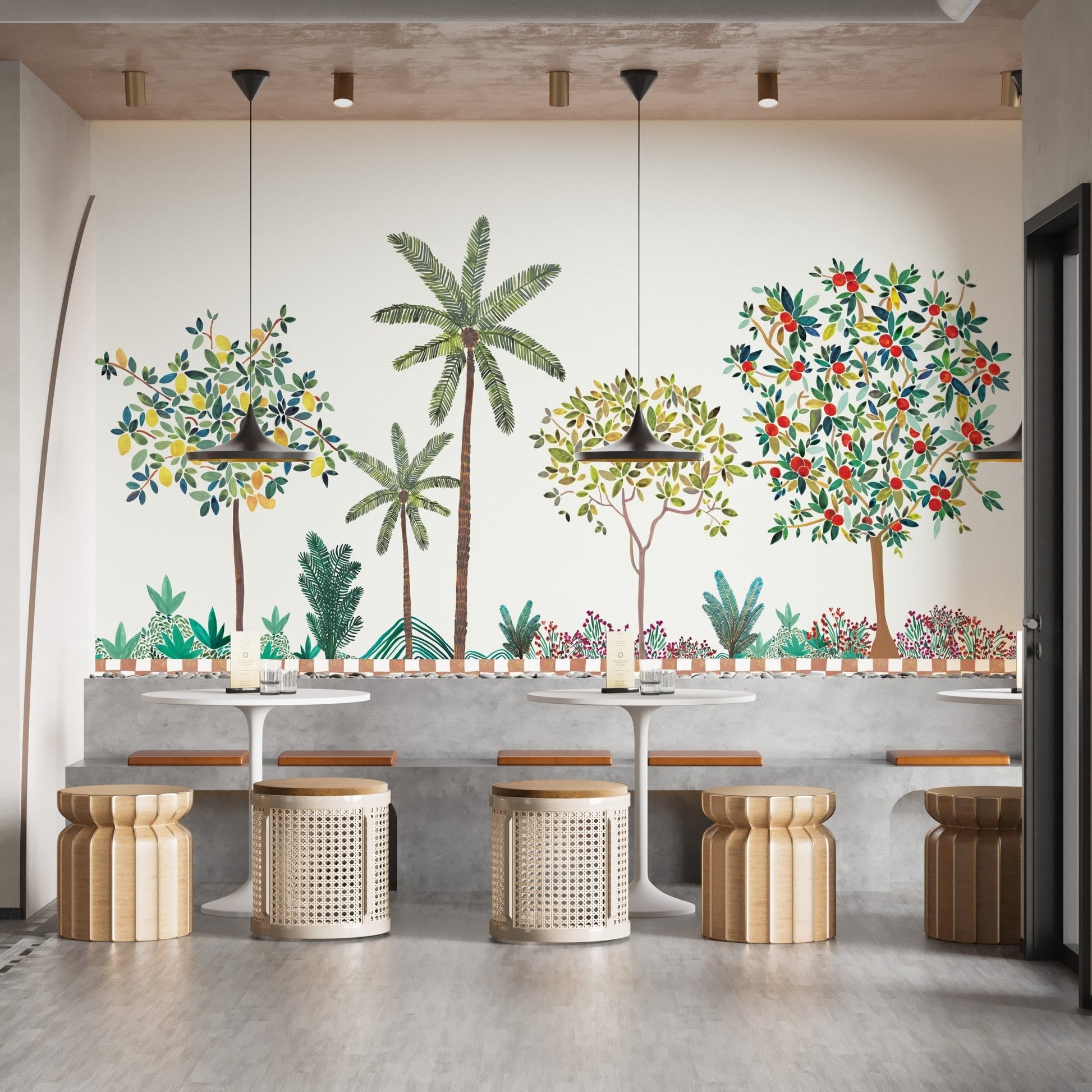 Botanical lemon tree wall mural wallpaper in soft green and yellow.