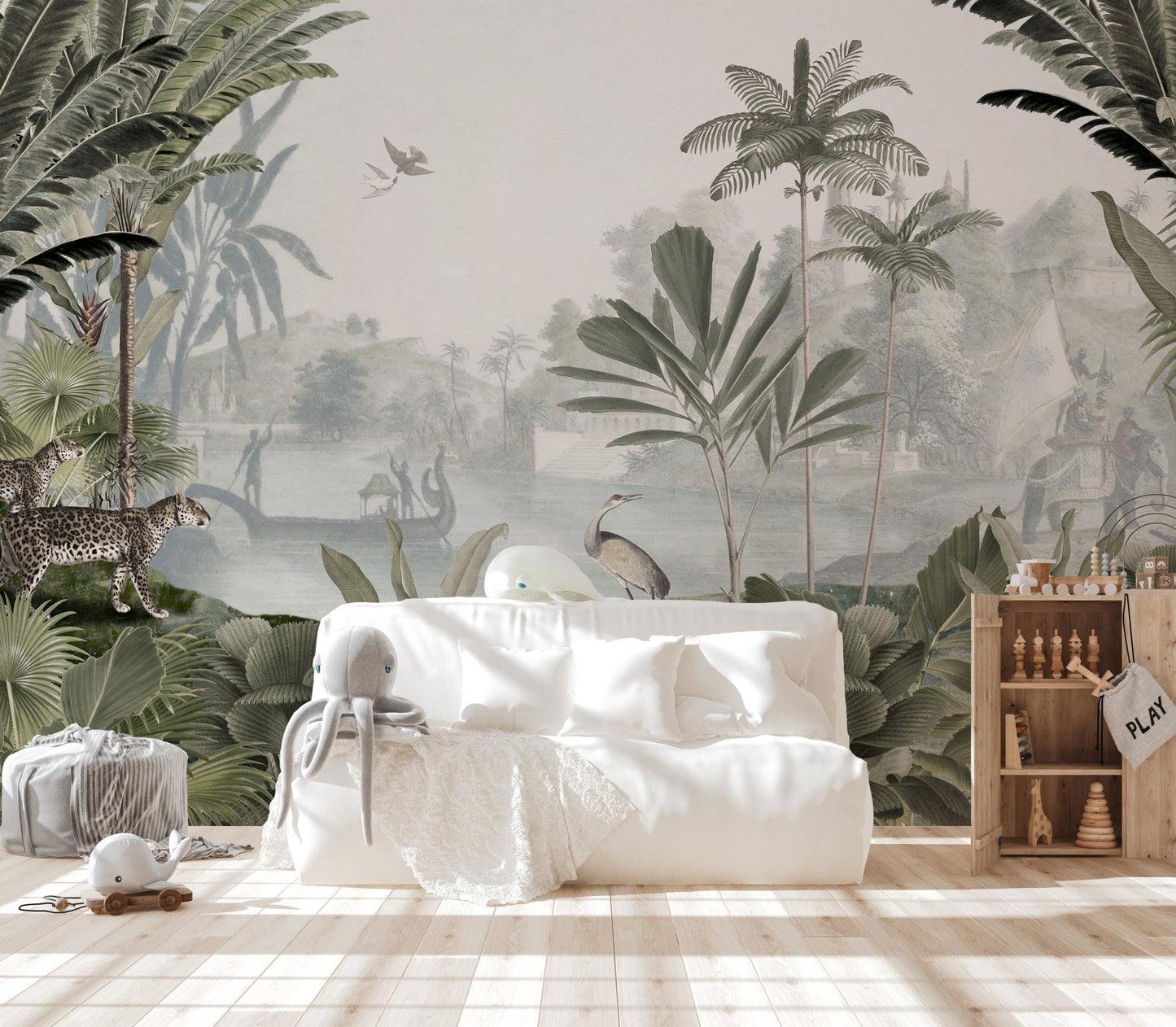 Leopard wall mural with a verdant jungle backdrop for nursery.
