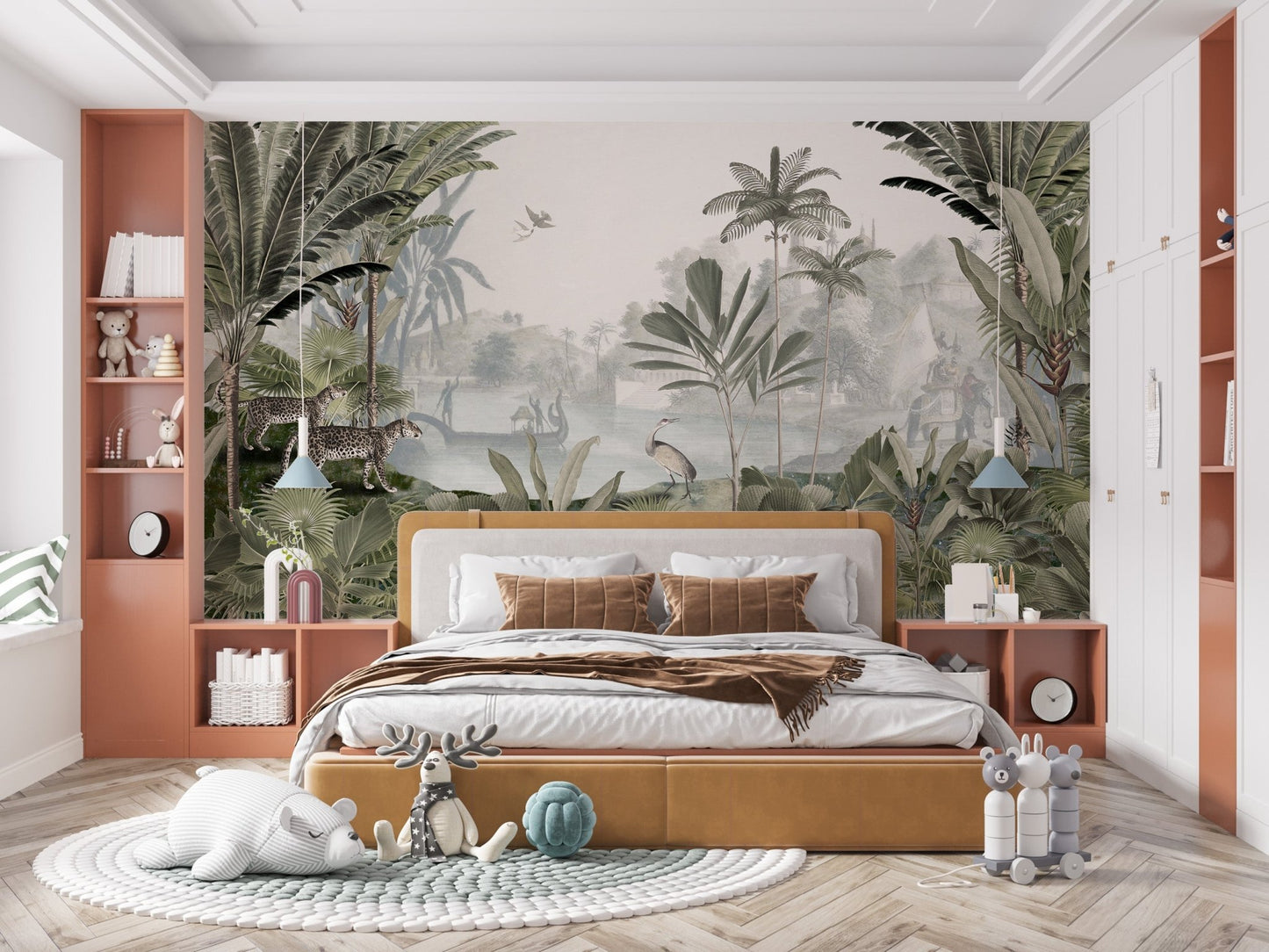 Verdant mural design with a majestic leopard focus for kids bedroom interior.
