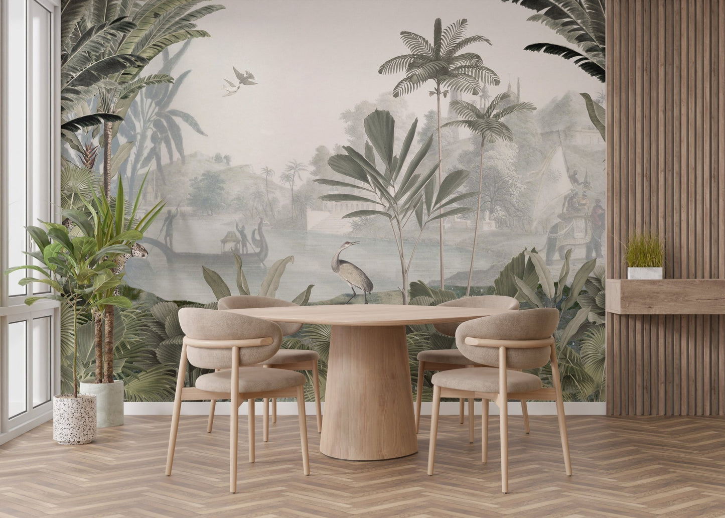 Verdant mural showcasing a serene leopard habitat for dining room. 
