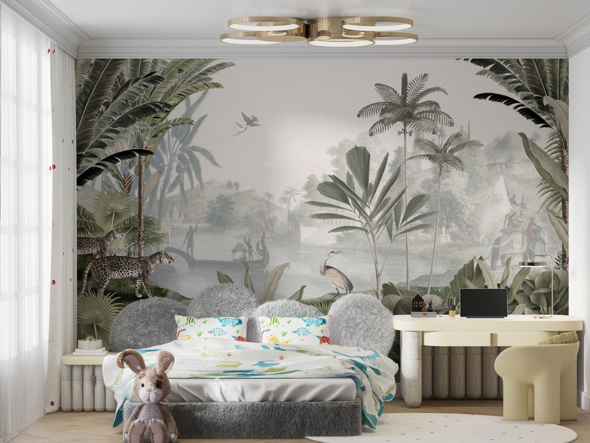 Nature-inspired leopard mural in lush green tones for kids bedroom wall.
