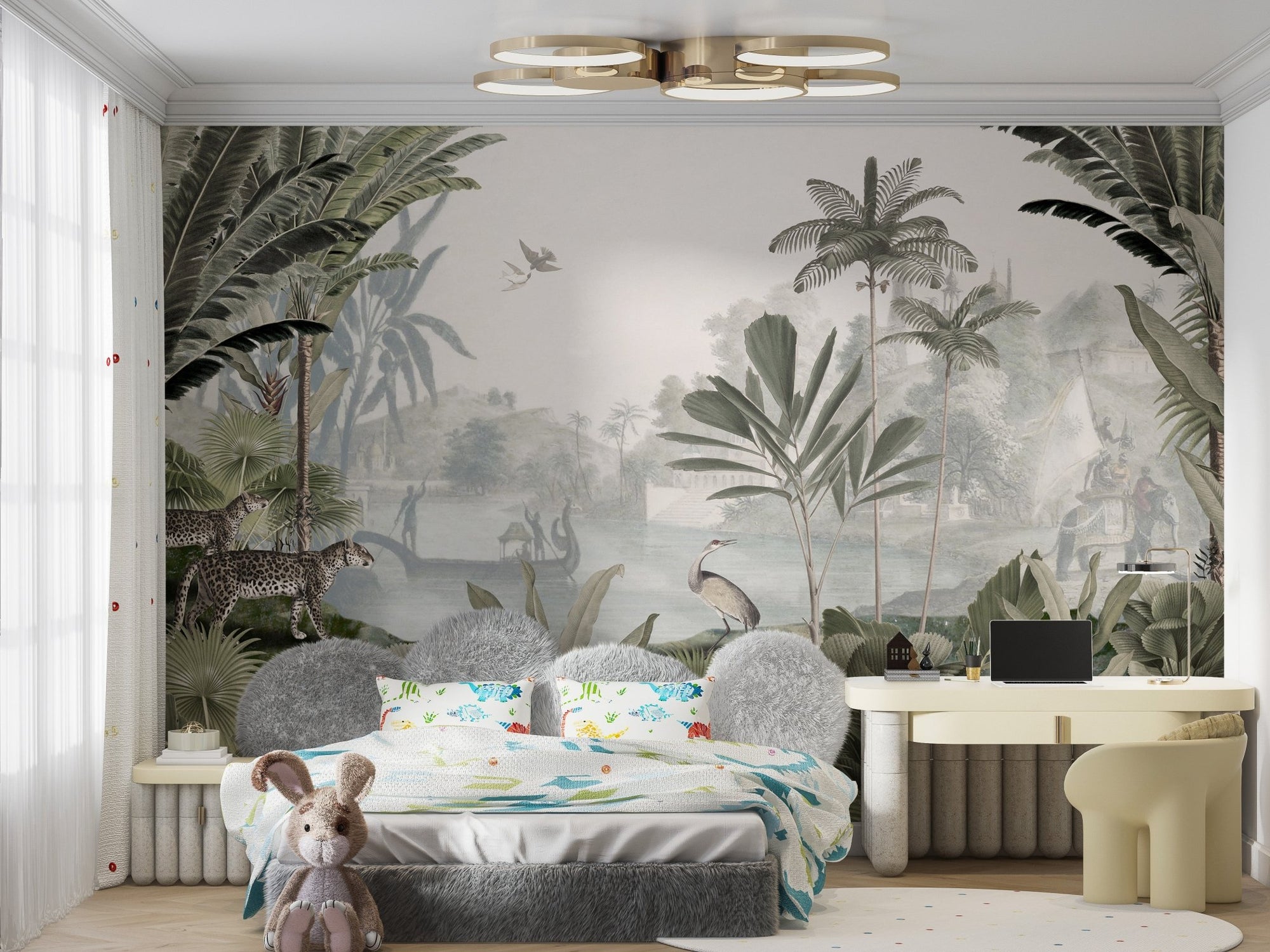 Nature-inspired leopard mural in lush green tones for kids bedroom wall.
