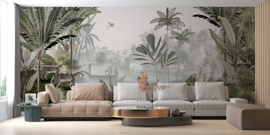 Elegant leopard mural featuring a verdant haven theme for living space backdrop.
