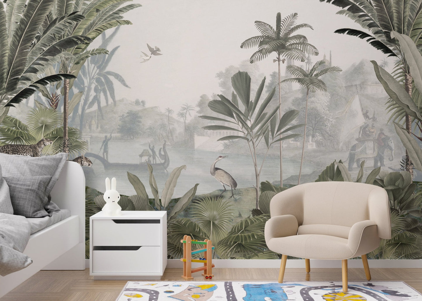 Lush leopard haven mural for tranquil kids space interiors.
