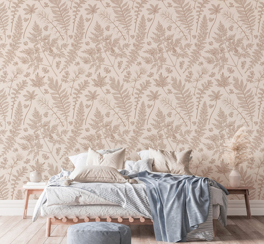 Vertical Seamless Pattern Herbs Pastel Color Leaves Wallpaper in a neutral bedroom.