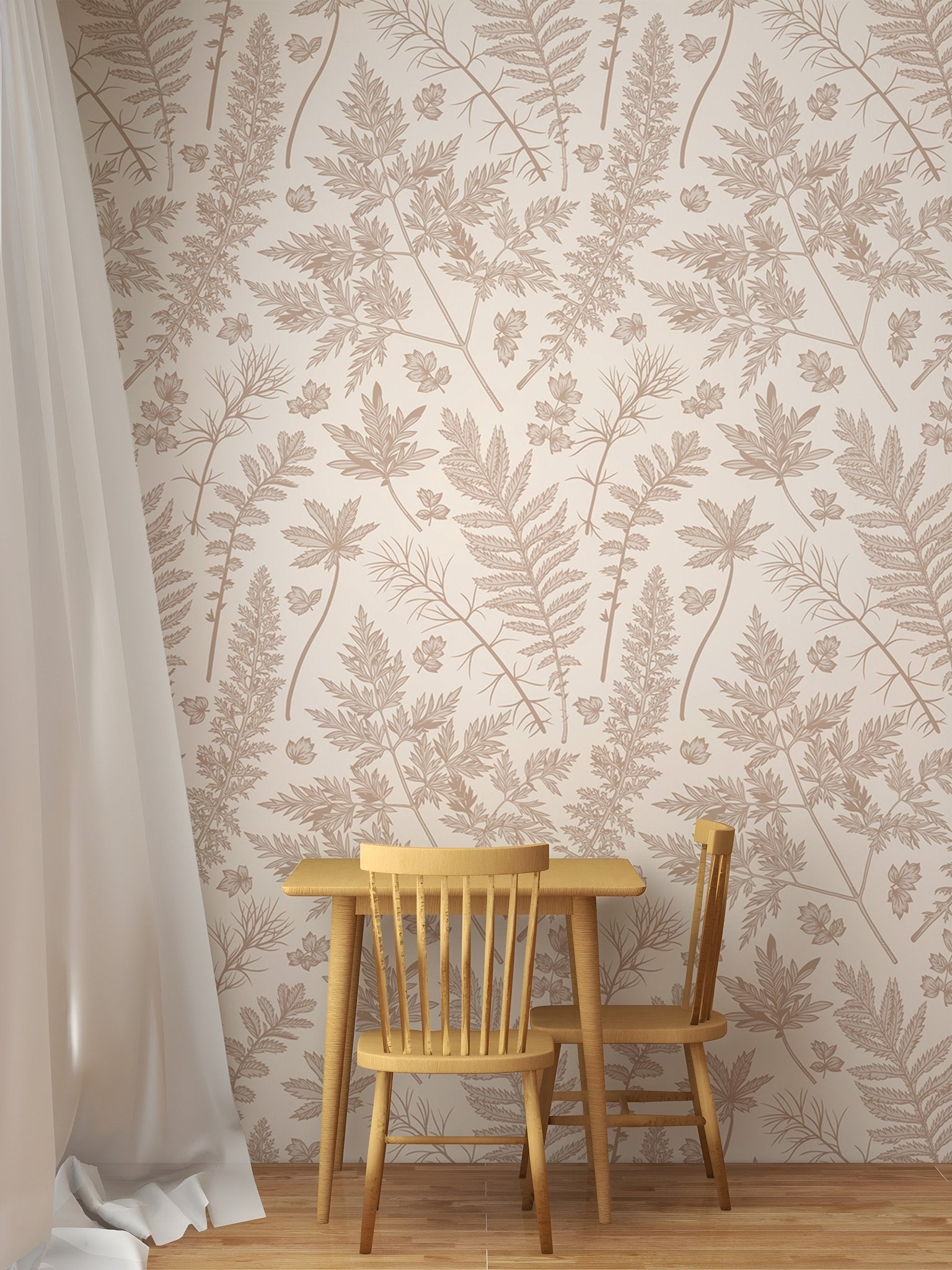 Beige herb pattern wallpaper in a small dining area with a wooden table and chair.