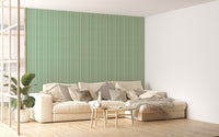 Living room with Vertical Watercolor Green Stripes Vintage Wallpaper and sofa.