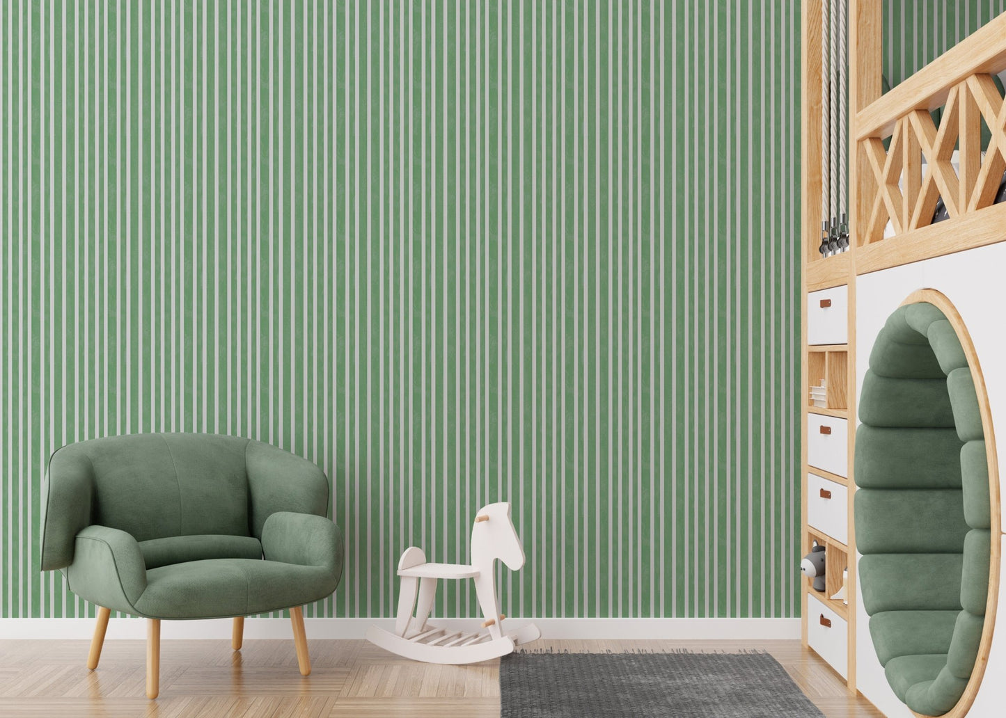 Kids play area featuring green striped wallpaper and wooden toys.