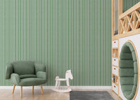 Kids play area featuring green striped wallpaper and wooden toys.