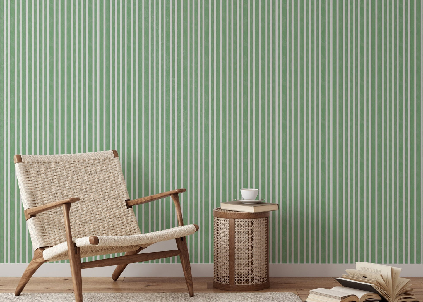 Reading nook featuring light green striped wallpaper and armchair.