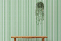 Hanging plant against green watercolor striped wallpaper decor.