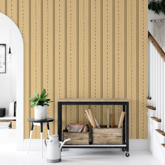 Elegant vertical slat wall mural in a warm honey-toned wood grain.
