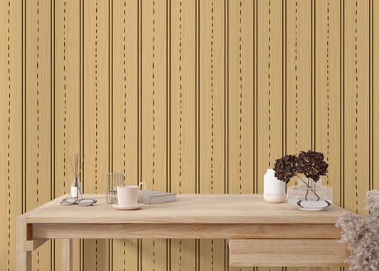 Vertical wooden striped wallpaper with light oak finish and dark pinstripes.