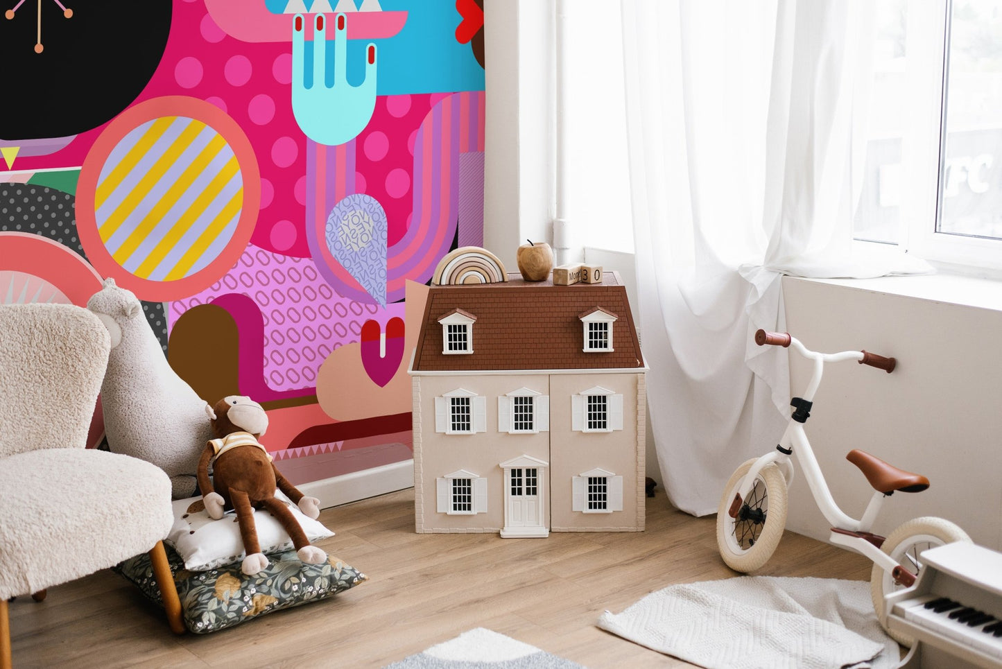 Illustrated face montage wall mural vivid color composition.