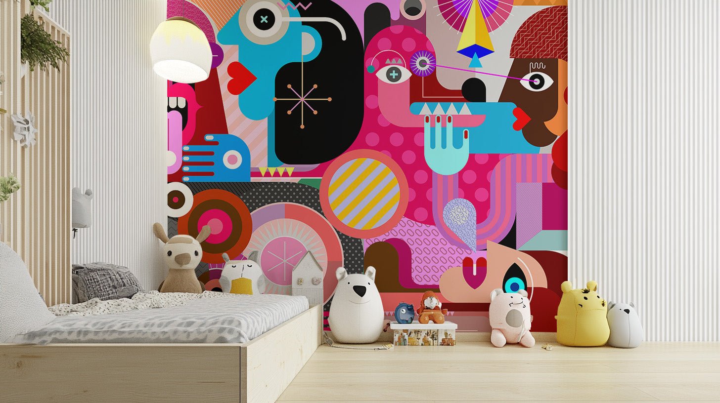Vibrant abstract faces mural wallpaper bold geometric wall mural.