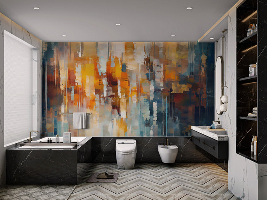 Vibrant blue and orange abstract wallpaper with textured paint strokes.