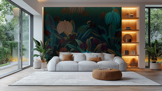 Large scale wall mural featuring vibrant tropical garden illustrations.