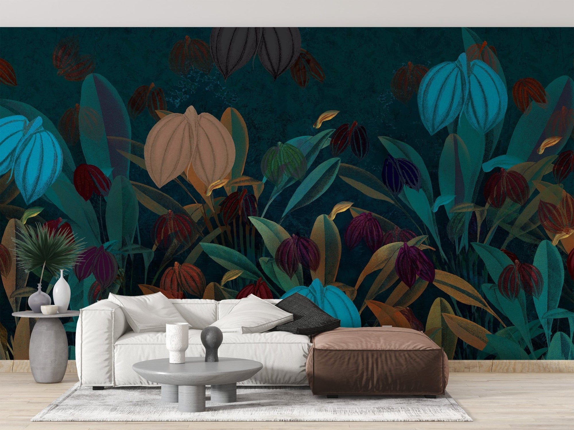 Vibrant botanical garden wall mural with turquoise and orange tropical leaves.
