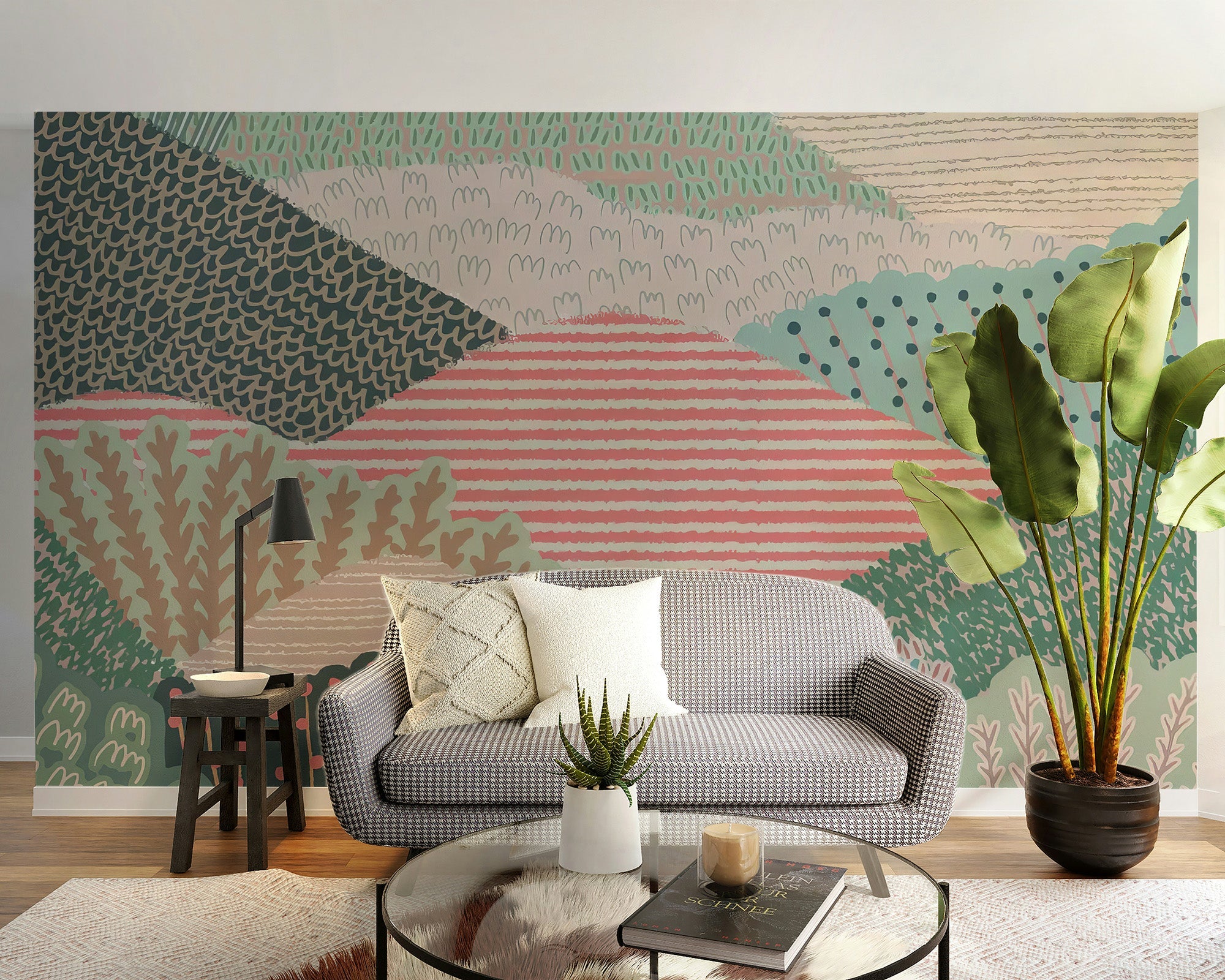 Vibrant hills wallpaper mural with green and pink botanical patterns.