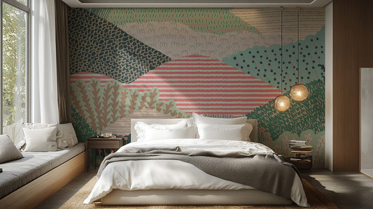 Abstract rolling hills wallpaper in sage and dusty rose tones.