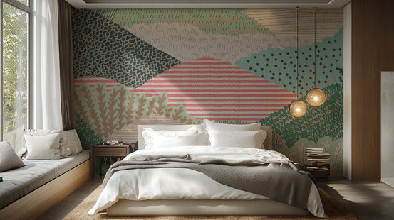 Abstract rolling hills wallpaper in sage and dusty rose tones.