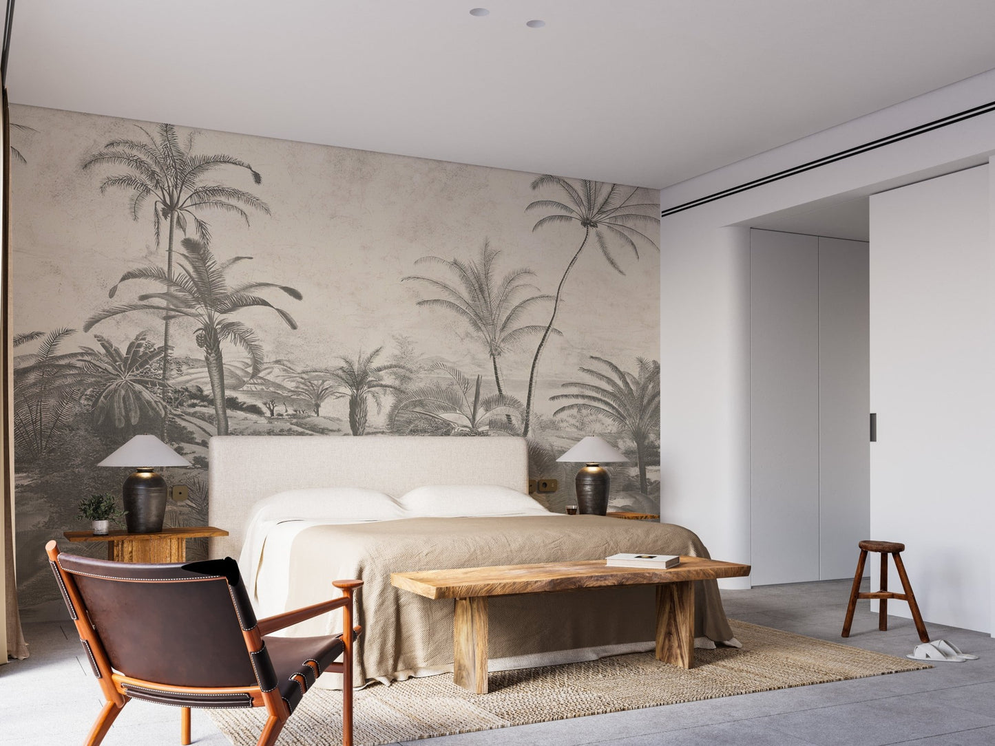 Tropical jungle mural with lush canopies in a large bedroom.