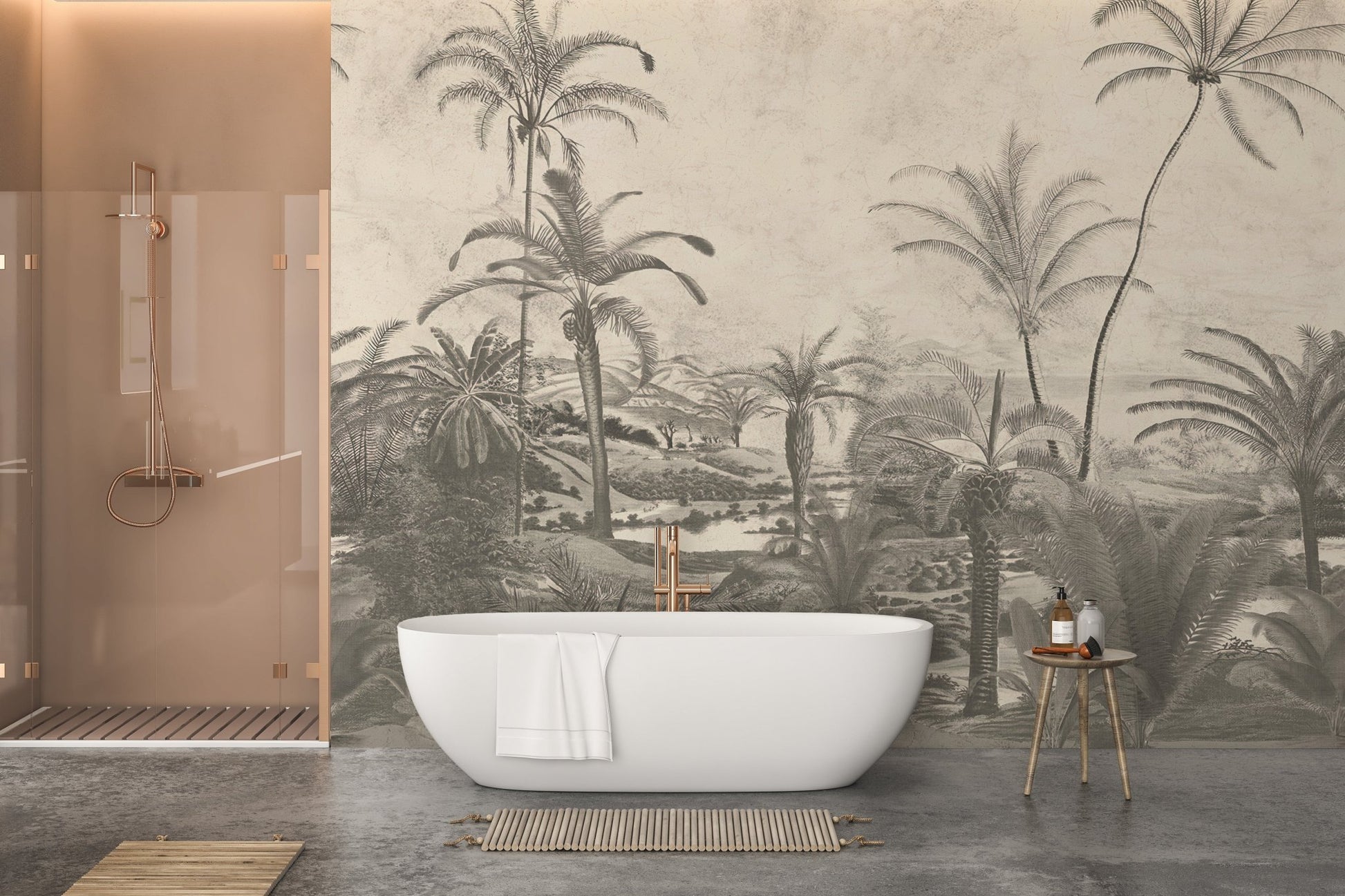 Jungle wall mural showcasing vibrant greenery in a minimalist bathroom.