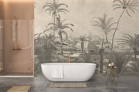 Jungle wall mural showcasing vibrant greenery in a minimalist bathroom.