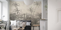 Monochrome jungle wall mural featuring dense palm trees in a brightly lit lounge.