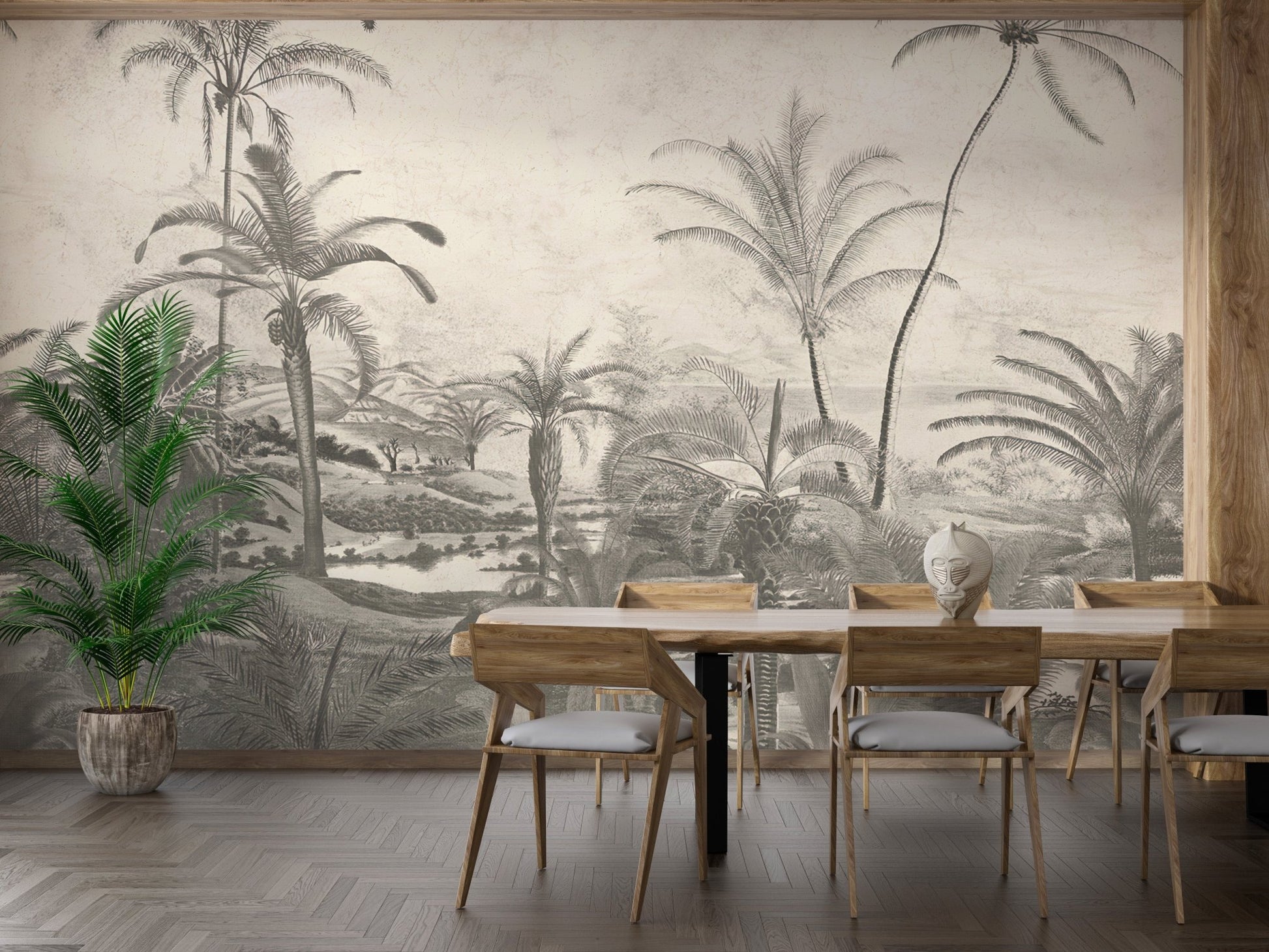 Lush jungle wall mural with colorful canopies in a dining room with wooden chairs.