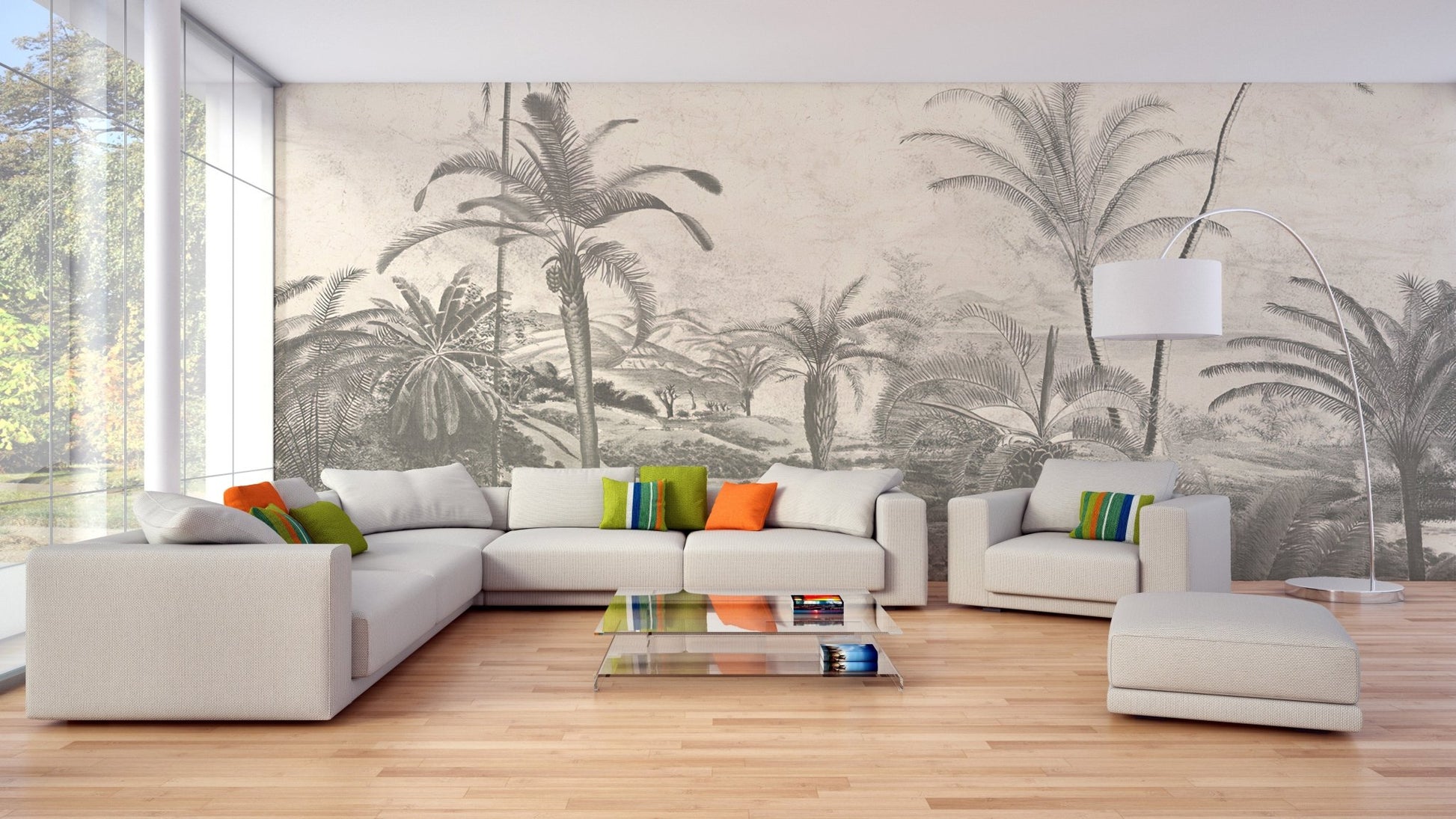 Living room wall mural showing jungle canopies in bold hues