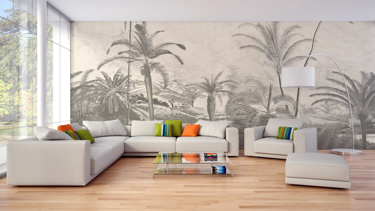 Living room wall mural showing jungle canopies in bold hues