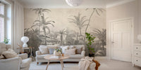 Vibrant jungle wall mural with tropical details in living room.