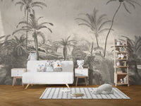 Vibrant Jungle Canopies Wall Mural in a nursery with white furniture and toys.
