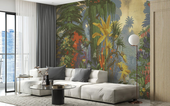 Botanical jungle wallpaper wall mural with birds and floral details.