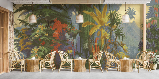 Vibrant jungle wall mural with tropical foliage and wildlife wallpaper.