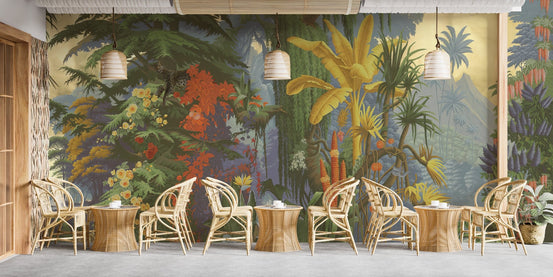Vibrant jungle wall mural with tropical foliage and wildlife wallpaper.