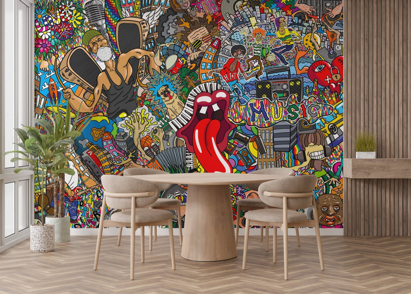 Artistic cityscape mural with music elements
