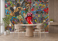 Artistic cityscape mural with music elements
