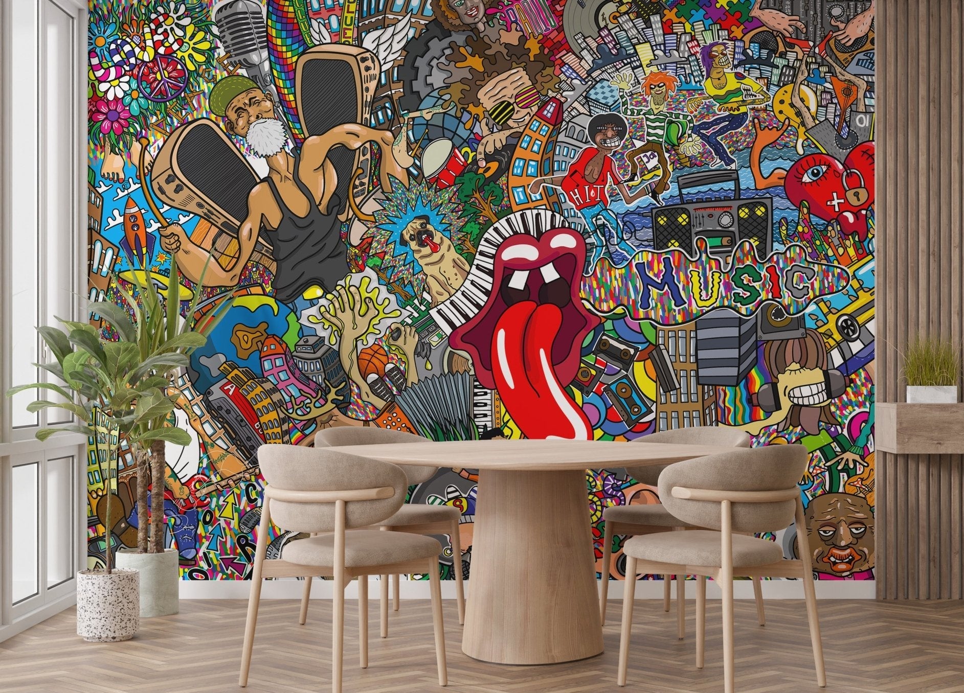 Vibrant musical cityscape wall mural with graffiti music art.