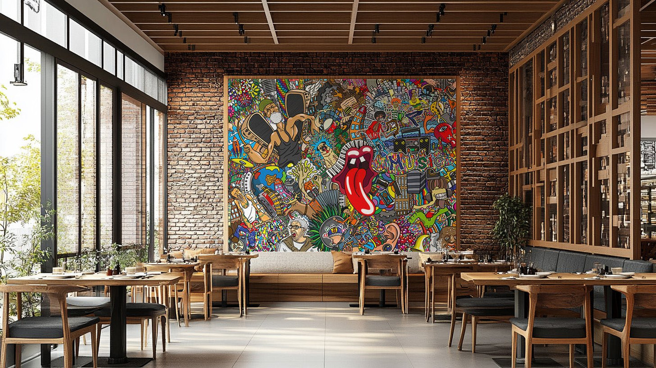 Colorful musical cityscape mural artwork
