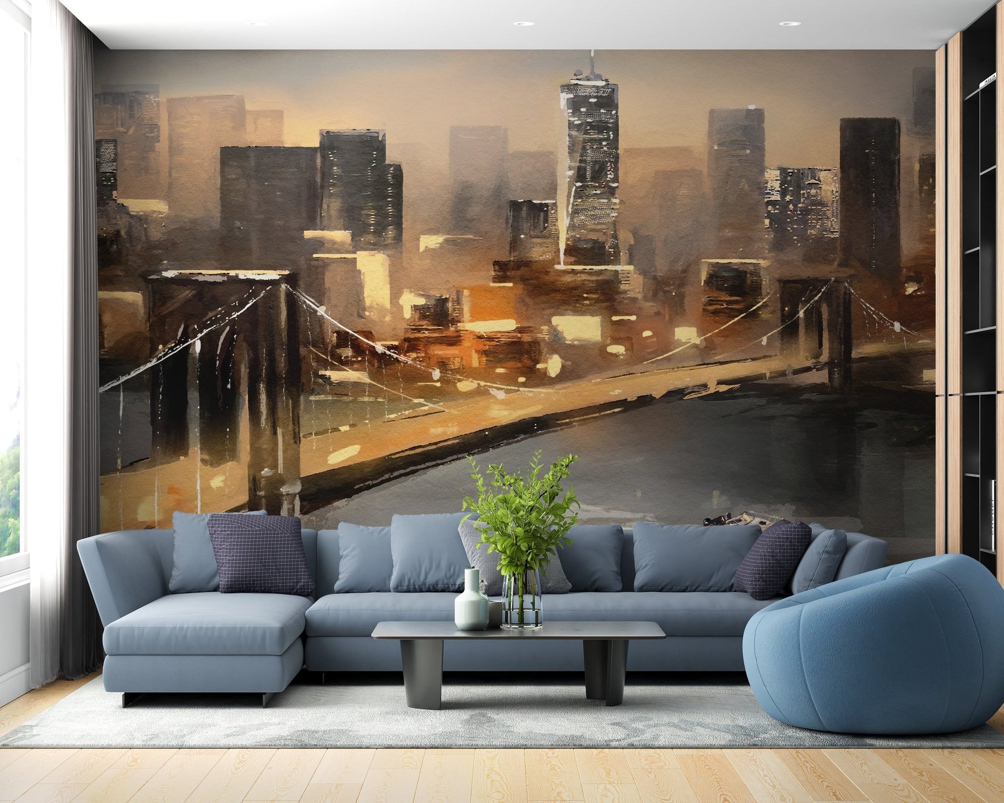 Vibrant New York mural showcasing iconic cityscapes and energy in living area.
