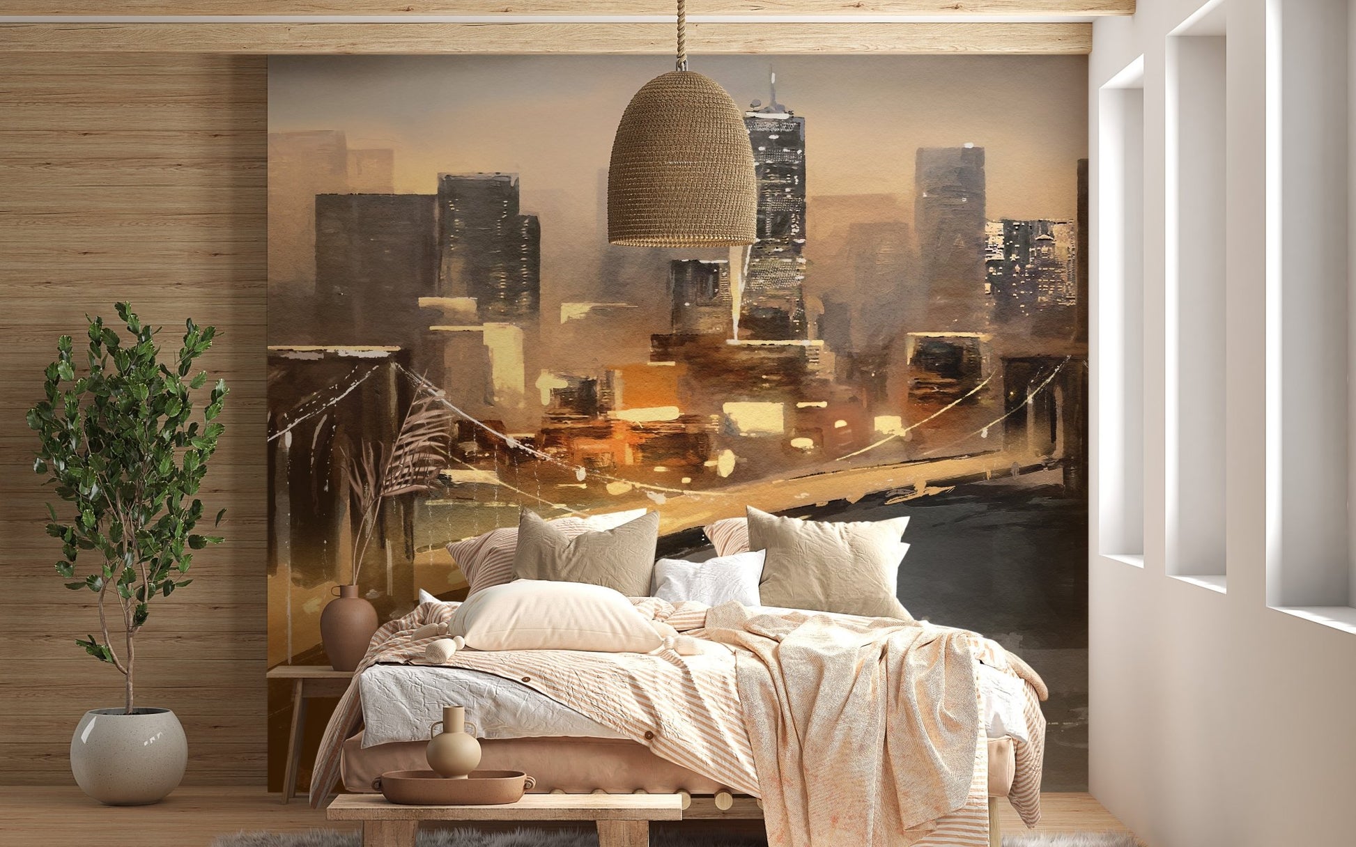 Artistic new york bridge wall mural in a small bedroom with a large window.