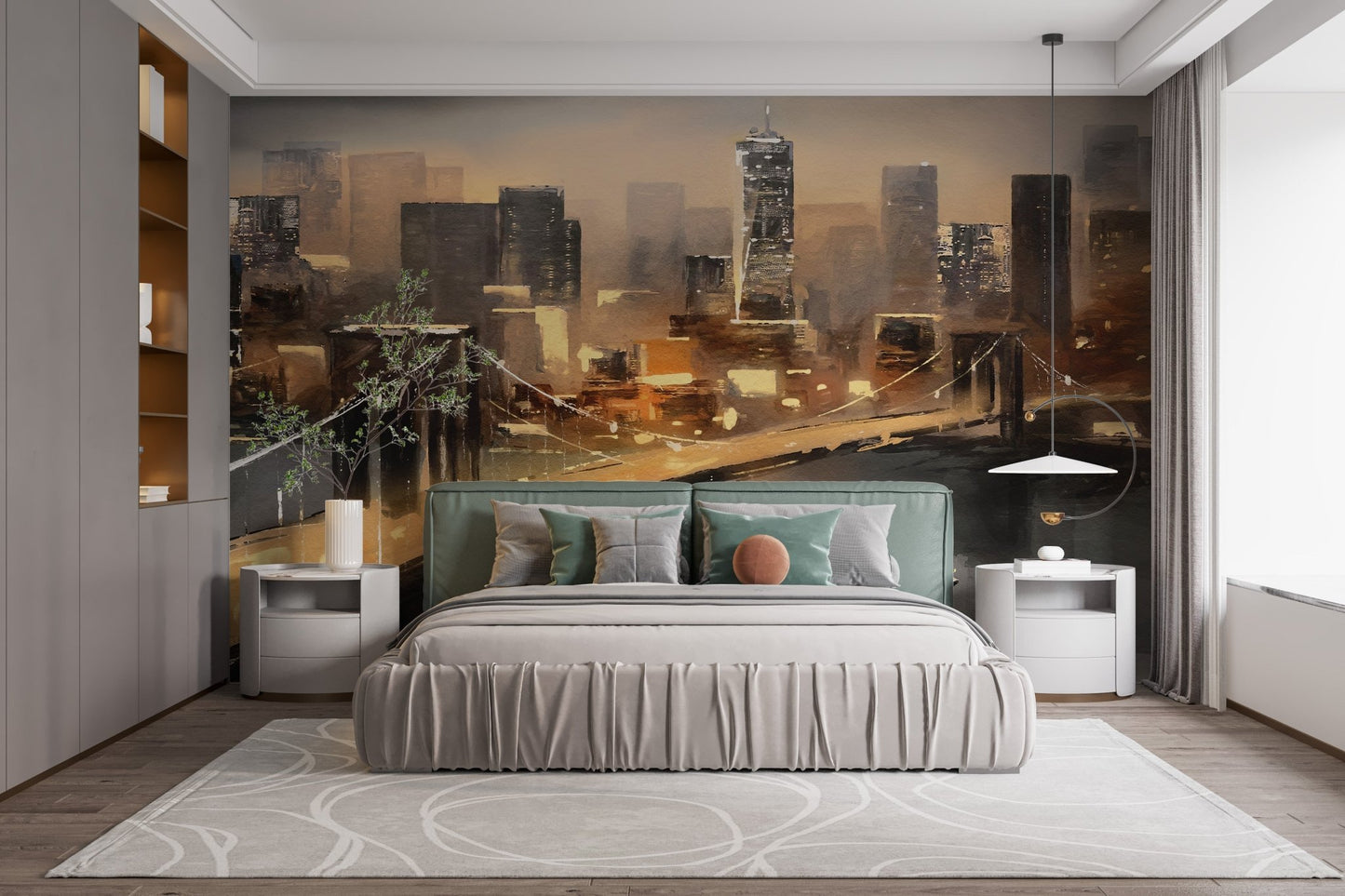 Bold mural showcasing vibrant impressions of New York landmark in bright bedroom.

