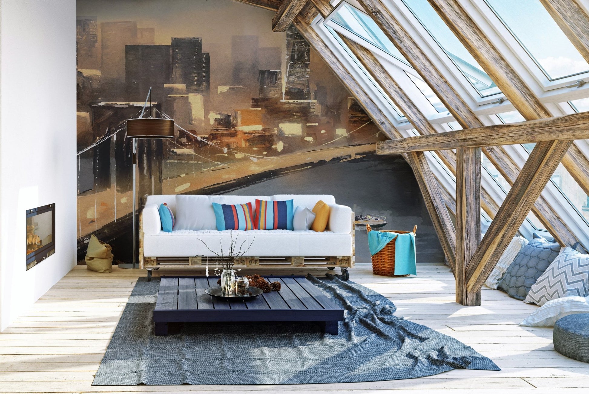 Wall mural featuring New York impressions with lively details in attic sitting room.
