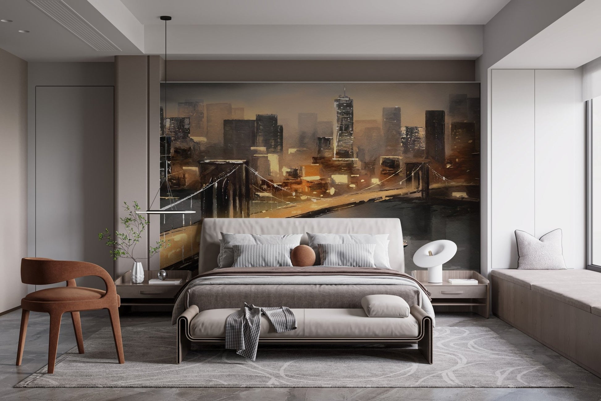 Colorful New York impressions mural for contemporary bedroom interiors.
