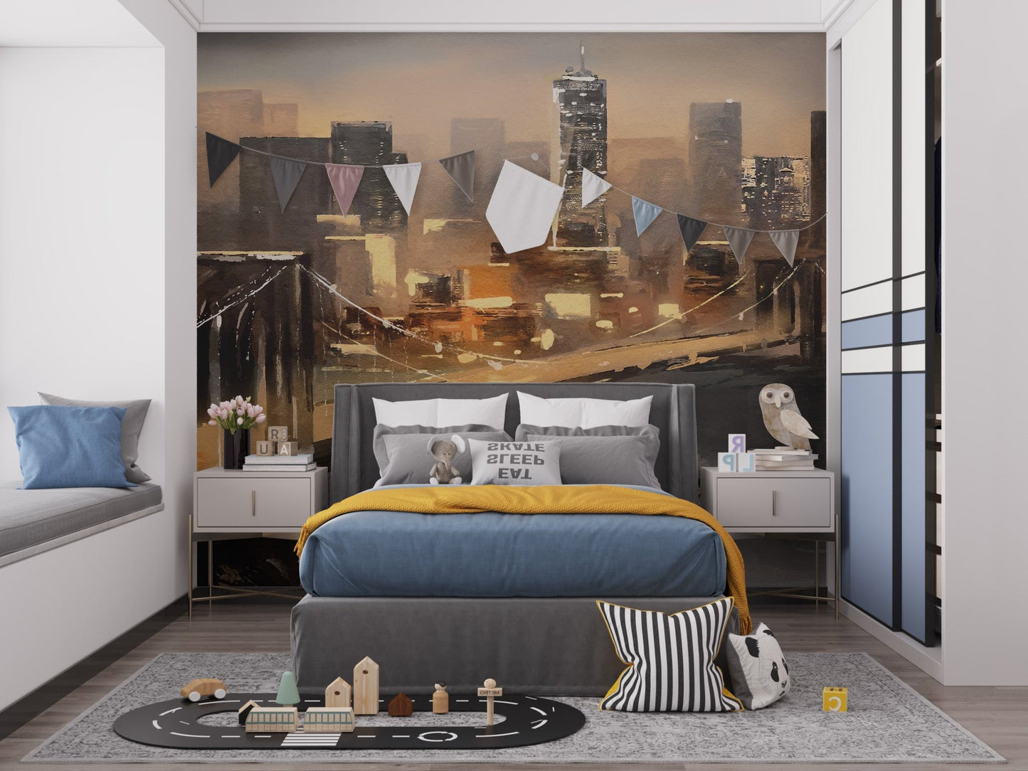 Lively New York mural with vibrant impressions and city charm in kids bedroom.
